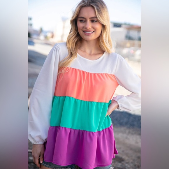 Ivory & Peach Woven Crepe Tiered Blouse - Picture 11 of 13